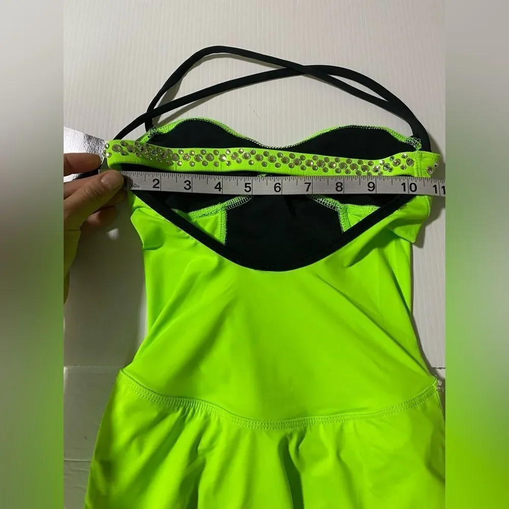 Kandi Kouture dance costume neon green SPOTLIGHT DRESS custom stoned XLC 10/12